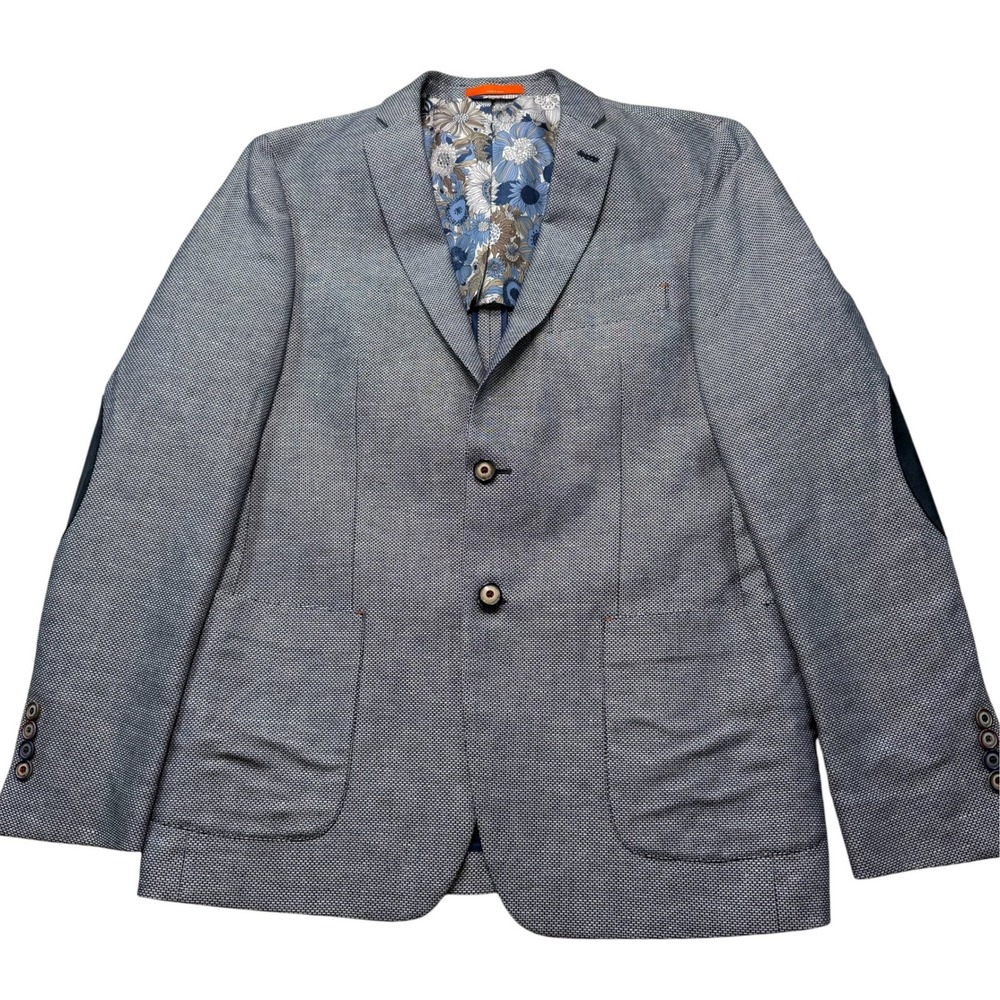 Mens Blue White Micro Pattern Blazer Jacket Elbow Patches Floral Lining 40R
